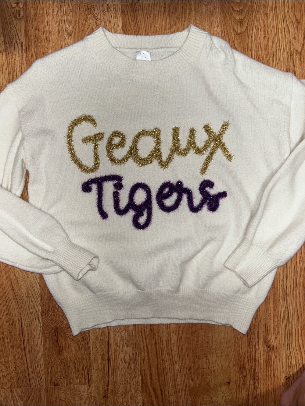Geaux Tigers Puff-Text Crewneck Sweater in Cream. GREAT FOR LSU!